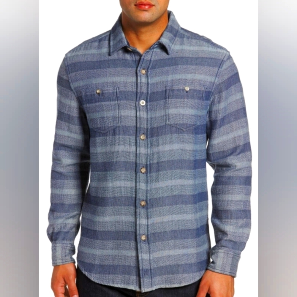 Johnnie-O Teton Shacket Shirt Stripe Button Down Collared Long Sleeve Pockets XL